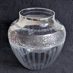 Vintage Fine American Cut/Etched/Frosted Glass Vase W/ Silver Overlay 6.2"